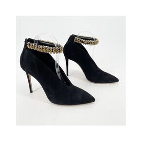 Jimmy Choo Lux 100 Black Suede Gold Crystal Ankle Strap Vamp Bootie Heels IT 40